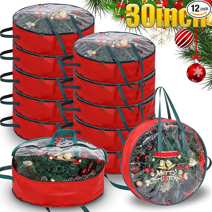 Shappy 12 Pcs Christmas Wreath Storage Bag Clear Wreath Box Wreath Storage Containers with Clear Window and Handle Christmas Garland Storage Containers for Xmas Holiday Seasonal Storage (30 Inch)