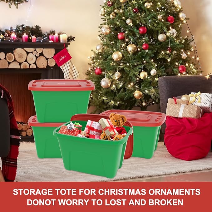 4-Pack Christmas Storage Totes with Lids - Made in USA 18-Gallon(72-Quart)Red Storage Bins,Holiday Organizer,Plastic Stackable Large Storage Boxes for Home,Office,Garage,Basement Red/Green