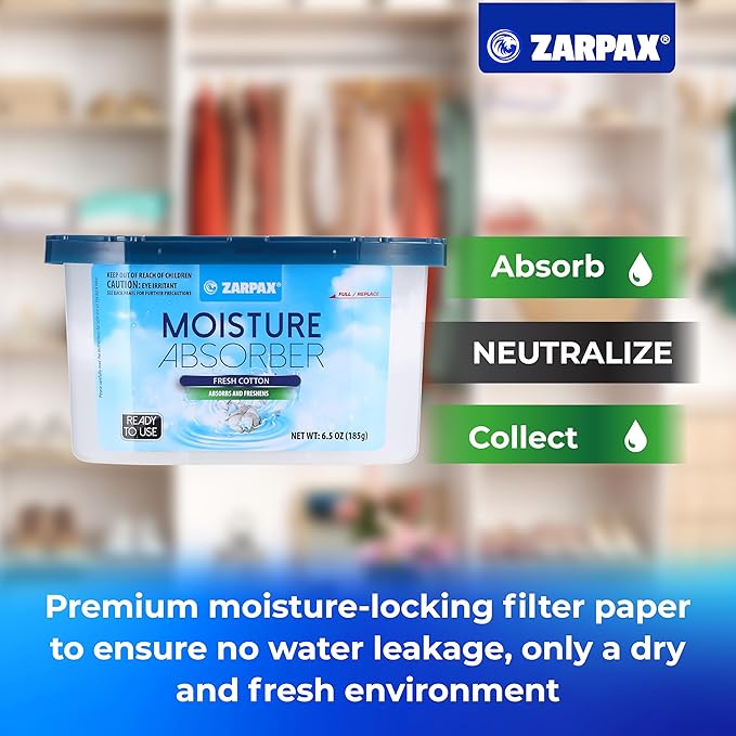 ZARPAX Moisture Absorber Fresh Cotton 6.5 oz/185g | Removes Moisture, Damp & Humidity | Odor Absorber With Fresh Cotton Fragrance | Moisture Trap for Bathroom, Closet, Kitchen | Set of 15
