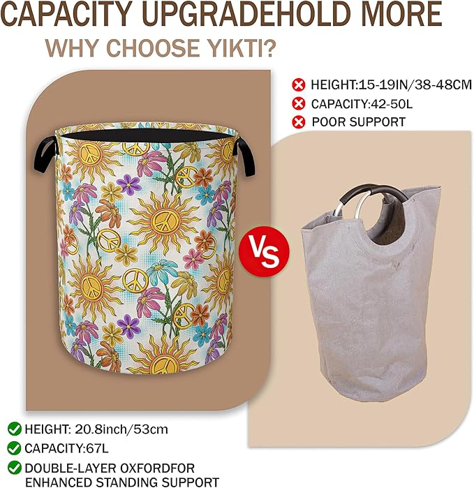 Collapsible Laundry Basket,Vintage Peace Symbol Dirty Clothes Hamper,Hippie Flower Hampers for Bedroom Waterproof Oxford Cloth Storage Organizer for Bathroom,Nursery,Dorm,16x20 Inch