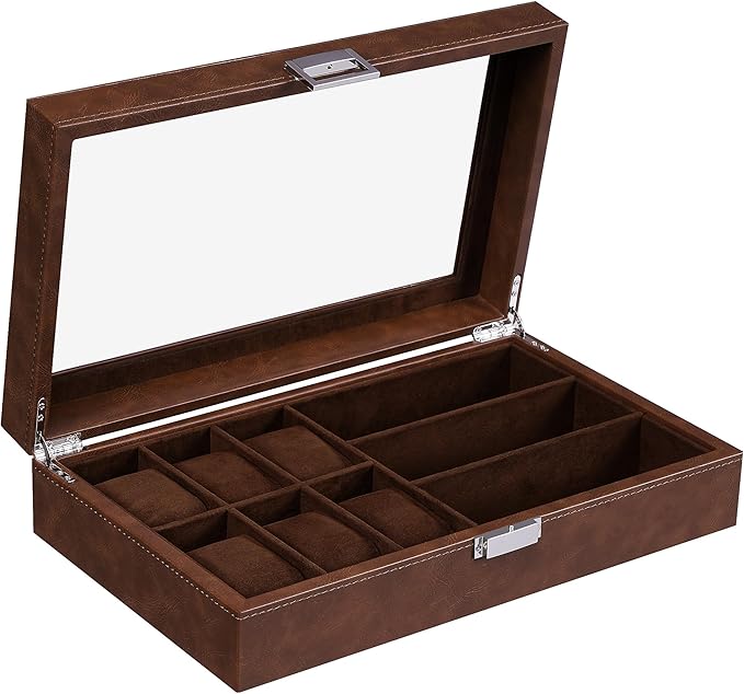 BEWISHOME Watch Box 6-Slot Watch Case and 3-Slots Sunglasses Box for Men, Sunglasses Storage with Large Glass Lid, Jewelry Box for Men Women Brown SSH18Z