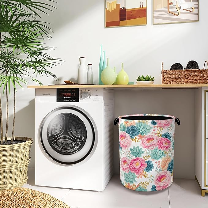 Succulent Plant Laundry Basket,Pink Flowers Oxford Cloth Laundry Hamper with Handle Foldable Portable Clothes Storage Basket for Bathroom Bedroom Dorm Room 16" x 20.8"