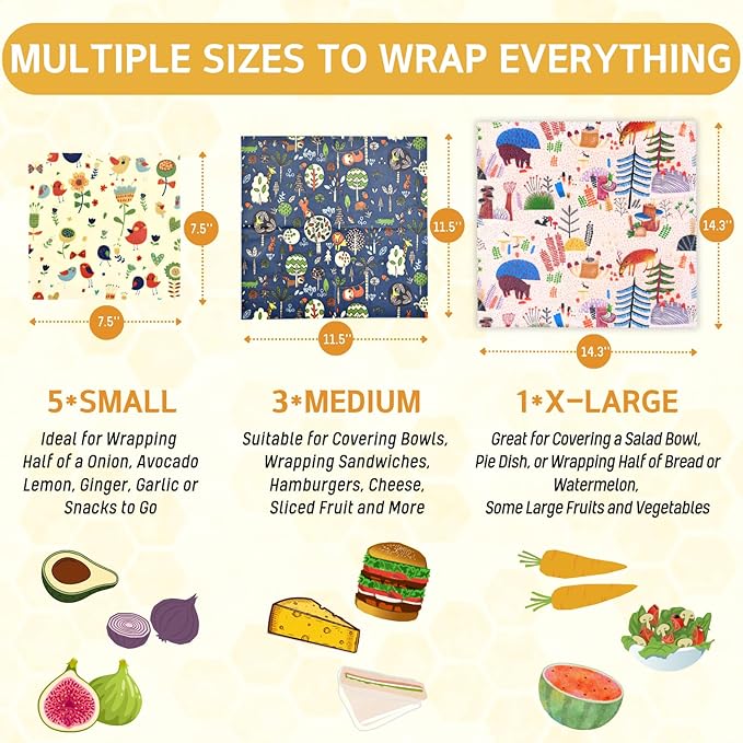 Reusable Beeswax Wrap - 9 Pack Beeswax Wraps for Food, Eco-Friendly Beeswax Food Wraps, Bread Sandwich Food Wrap - Organic, Sustainable, Zero Waste, Plastic-Free Food Storage, 1XL, 3M, 5S