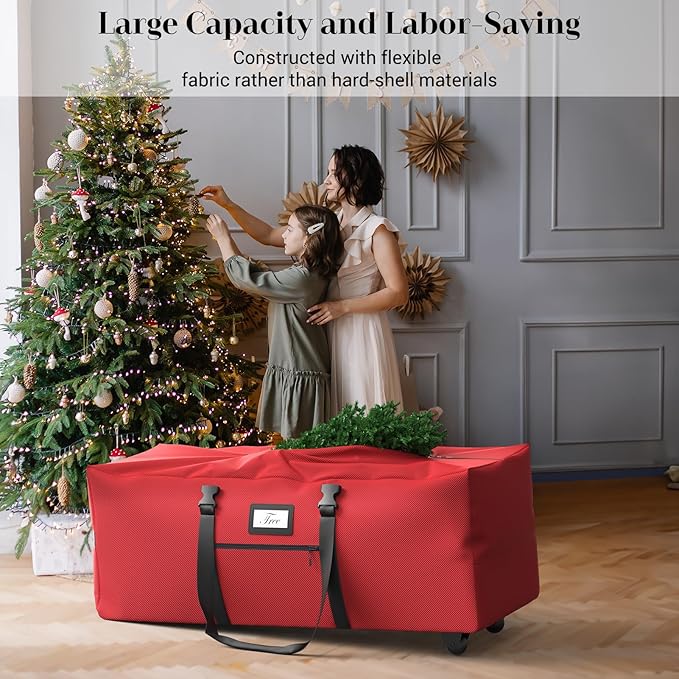 Rolling Christmas Tree Storage Bag for 9 ft Artificial Tree, 600D Waterproof Oxford Fabric, Large Christmas Tree Bag with Dual Zipper, Wheels, Handles, Heavy Duty Xmas Storage Container - Red