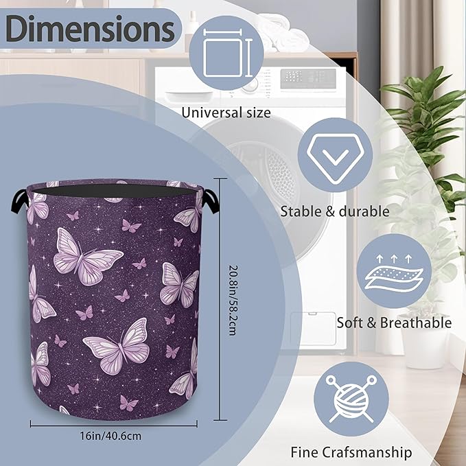 Purple Butterfly Laundry Basket,Oxford Cloth Laundry Hamper with Handle Foldable Portable Clothes Storage Basket for Bathroom Bedroom Dorm Room 16" x 20.8"