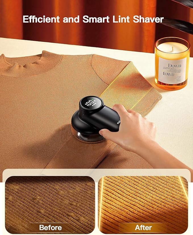 coldSky Rechargeable Fabric Shaver, Lint Shaver with Digital Display, Sweater Shaver with 6-Leaf Blades and Safety Lock, 3-Speeds Defuzzer Remove Fuzz, Pills from Clothes, Furniture, Sofa, Blanket