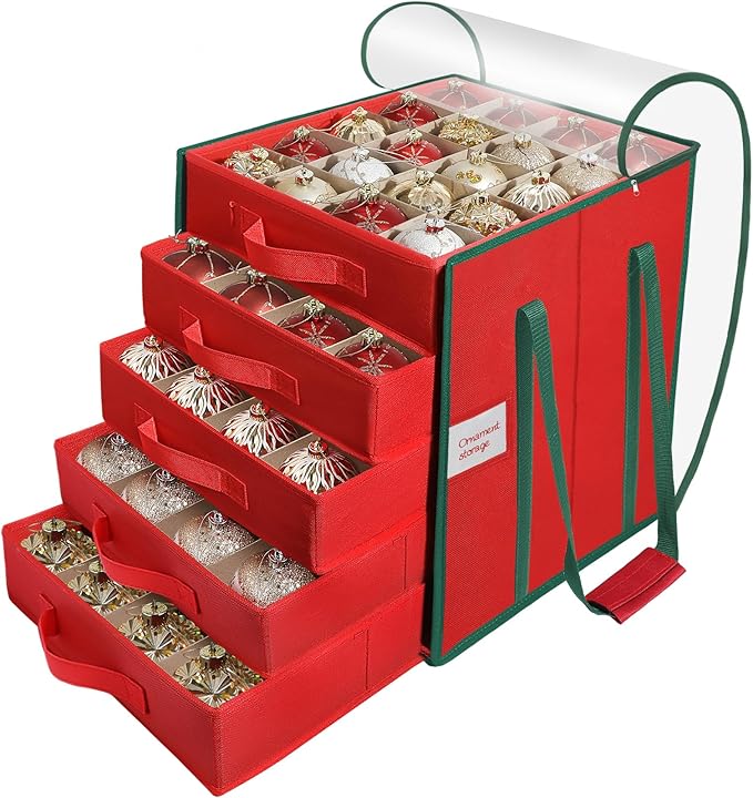 Christmas Ornament Storage Box, Stores Up to 100 Count 3 Inch Ornaments, 5 Individual Trays, Adjustable Dividers, 600D Oxford Fabric, Large Organizer Bin to Protect and Store Holiday Décor