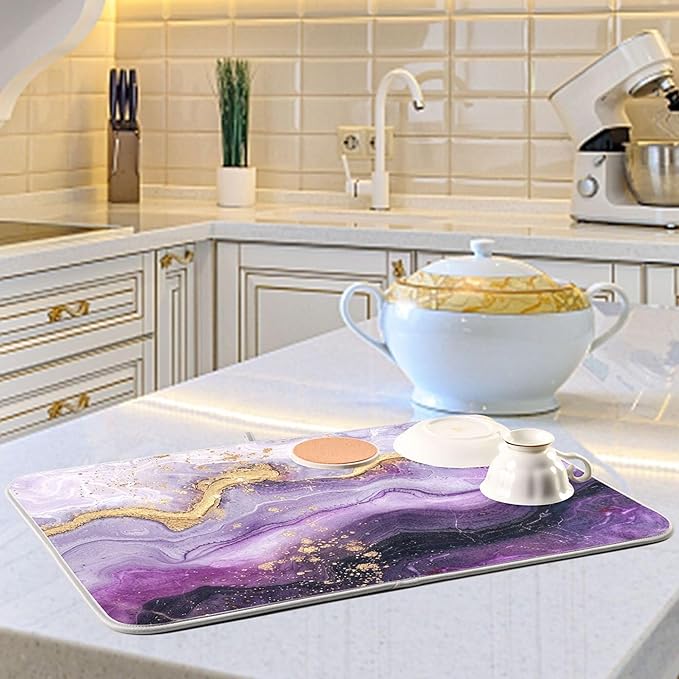 Marble Purple Gold Dish Drying Mat for Kitchen Countertop 16x18 Tie Dye Rectangle Small Drying Mat Reusable Quick Dry Dish Sink Absorbent Mats Dishwasher Easy Clean Decorative Home Decor Essentials