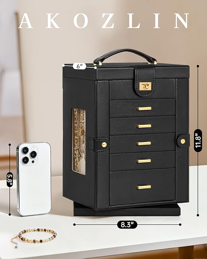 AKOZLIN Jewelry Box 6-Tier Organizer Functional 360° Rotating Jewelry Storage Case for Women Girls Ring Necklace Earring Bracelet Holder with Mirror
