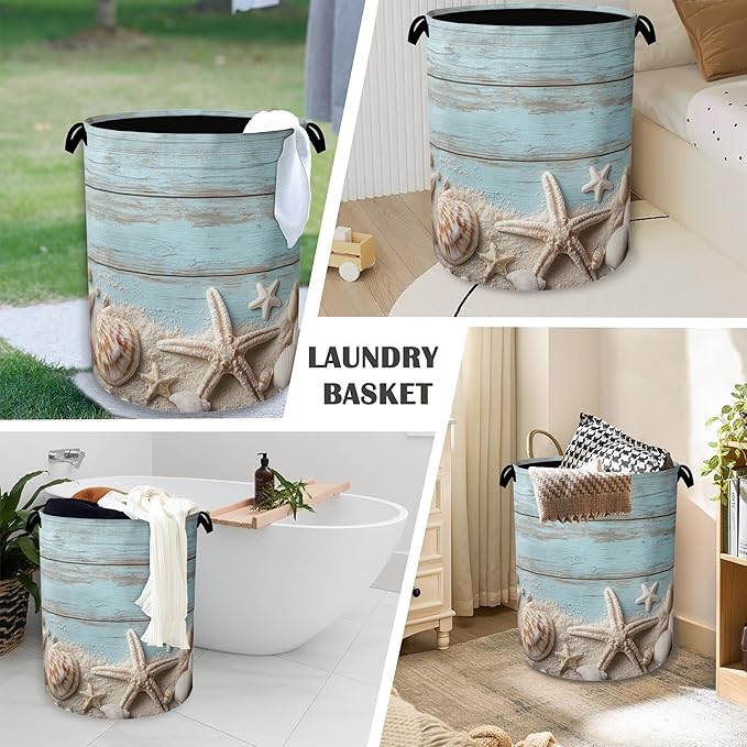 Starfish Seashell Laundry Basket,Vintage Wooden Oxford Cloth Laundry Hamper with Handle Foldable Portable Clothes Storage Basket for Bathroom Bedroom Dorm Room 16" x 20.8"