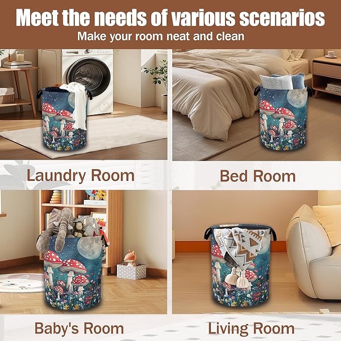 Groovy Mushroom Laundry Basket,Night Sky Moon Collapsible Laundry Hamper Waterproof Oxford Cloth With Handles, Clothes Storage Bucket Toy Organizer For Bathroom/Nursery/Bedroom 16" x 20.8"