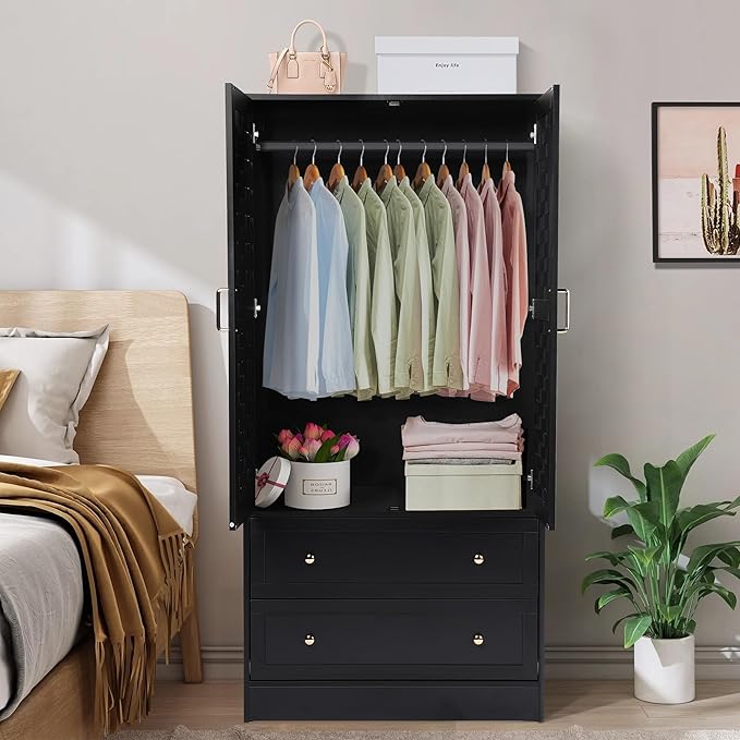 LEVNARY Armoire Wardrobe Closet with 2 Woven Doors, Wardrobe Cabinet with 2 Storage Drawers and Hanging Rail, Freestanding Wooden Closet for Bedroom (Black)