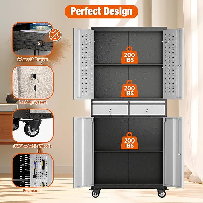 Aobabo Metal Storage Cabinet with Wheels, Garage Storage Cabinet with 2 Drawers and 2 Adjustable Shelves for Garage, Kitchen, Office, Assembly Required, Black Grey