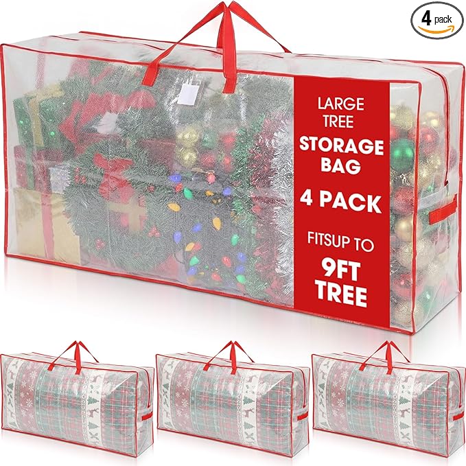 4 Pack Extra Large Christmas Tree Storage Bag 9 ft Artificial Tree, 126gallon Heavy Duty Moving Bag 65" Waterproof Clear Oversized Box with Handle Label Pocket for Camping College (Red)