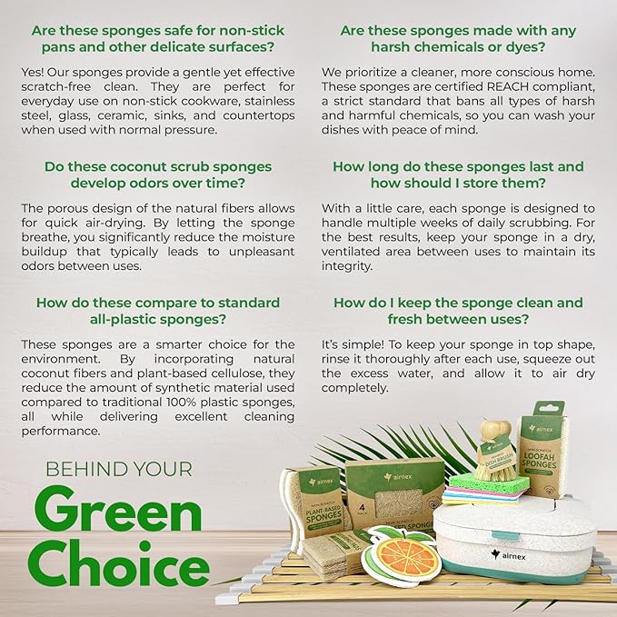 AIRNEX Natural Kitchen Sponges Pack of 20 - Biodegradable Cellulose and Coconut Husk Walnut Scrubbers - Odor Free Non Scratch - Eco Friendly Quick Drying Dishwashing Sponges