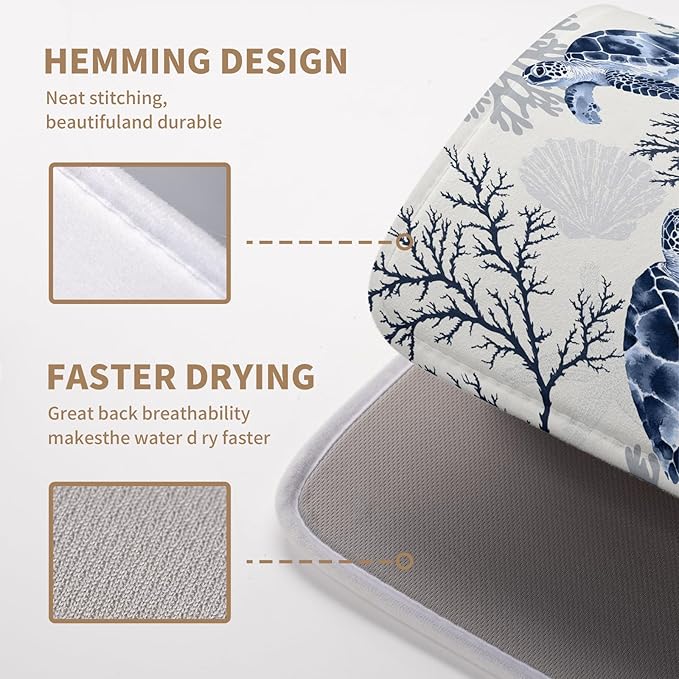 Nautical Coastal Dish Drying Mat Summer Beach Dish Pad for Kitchen Counter Ocean Coral Sea Turtle Absorbent Microfiber Dish Draining Reusable Washable Blue Dish Drainer Mat 16×18 Inch