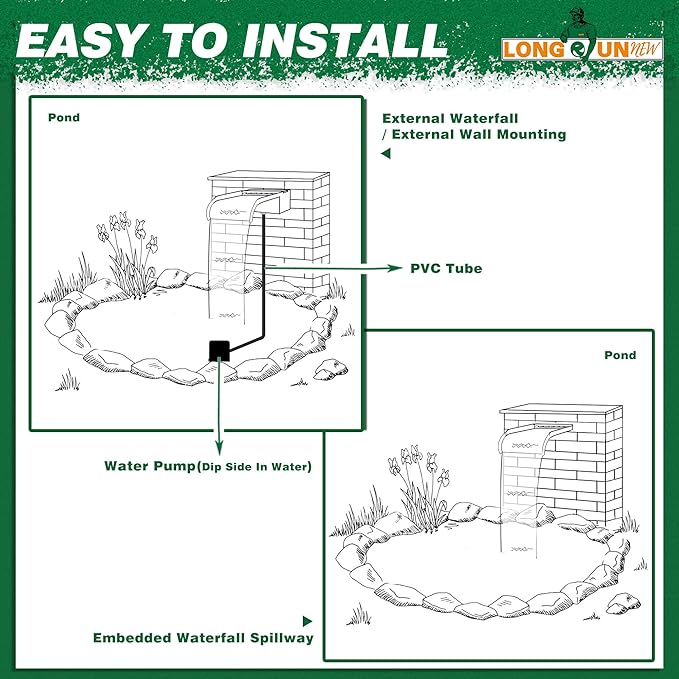 Waterfall Spillway, Stainless Steel Pool Fountain w/Top Open Lip & Pipe Connector Kits for Outdoor/Indoor Decorative, 11.8'' Pool Water Feature for Garden Patio, Backyard Koi Pond Decor