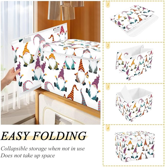 Christmas Baskets Collapsible Storage Bins with Lids, Christmas Gnomes Seamless Storage Boxes Clothes Baskets for Organizing
