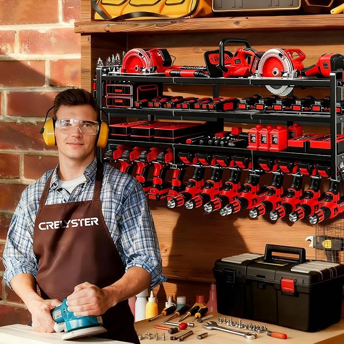 CRELYSTER 50" W Large Power Tool Organizer Wall Mount, Load 600lbs, 4 Layer Heavy Duty 12 Cordless Drills Holder, Battery Tool Storage Rack for Workbench, Workbench,Garage,Shed