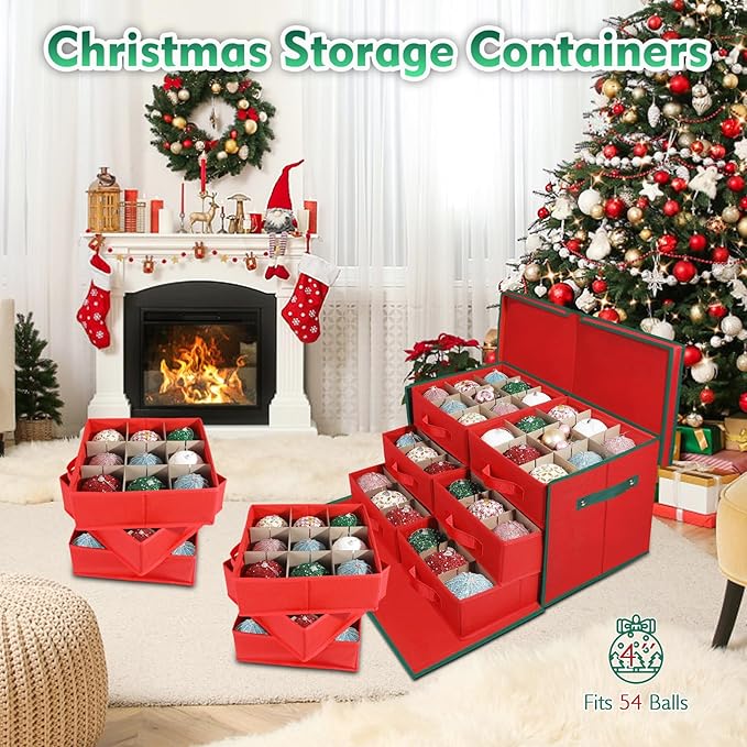 Large Christmas Ornament Storage Box with 6 Drawer Style Trays Fits 54 of 4" Ornament Balls - Side Opening, Christmas Container Perfect for Holiday Decorations, 600D Oxford Fabric Tear-Proof