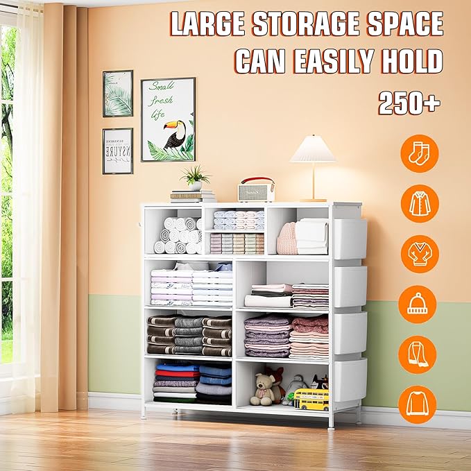 10 Drawer Dresser, Chest of Drawers for Bedroom, PU Dresser with Side Pockets, Hooks, Wooden Top and Sturdy Metal Frame for Living Room, Closet, Hallway (White)