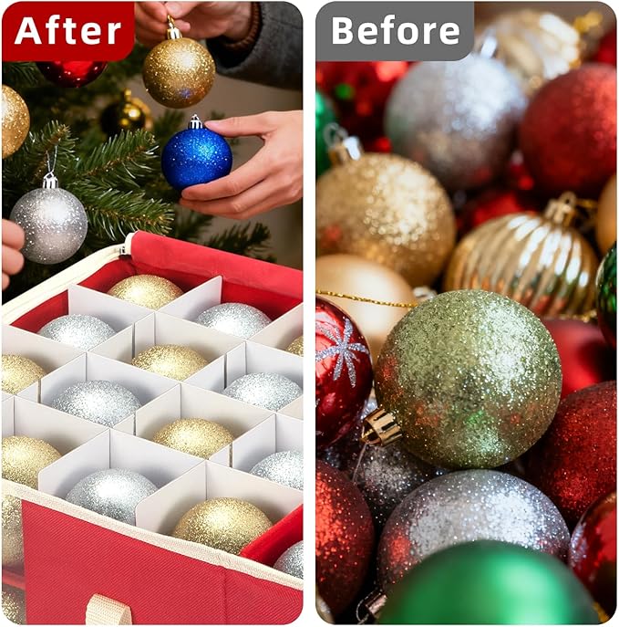 inin Christmas Ornament Storage Box with Adjustable Dividers,Christmas Ornaments Organizer with Zipper,Storage Container Bin with Side Pockets for Holiday Decorations(128 Ball, Red, without Tray)