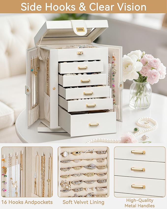 AKOZLIN Jewelry Box 6-Tier Organizer Functional 360° Rotating Jewelry Storage Case for Women Girls Ring Necklace Earring Bracelet Holder with Mirror