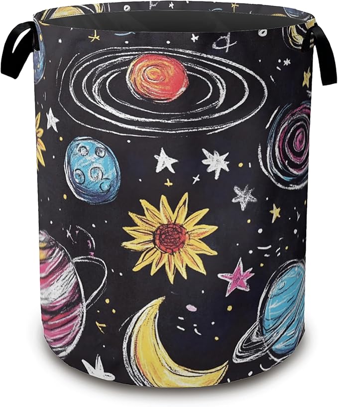 Stars Planets Collapsible Laundry Baskets,Moon Sun Laundry Hamper,Storage Basket with Handles for Bathroom Bedroom College Dormitory Living Room Nursery Organizer 16"x20"