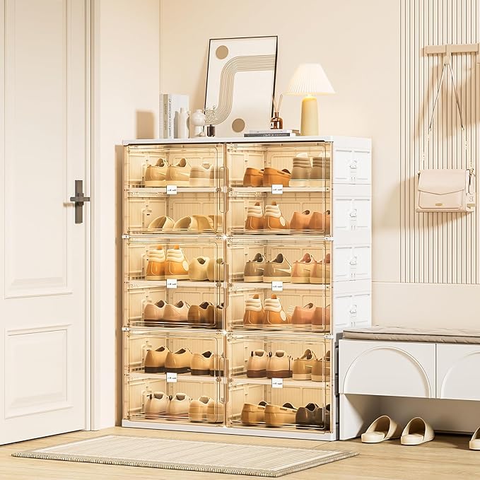 JEKO&JEKO 6-Tier Foldable Shoe Storage Box with Magnetic Doors, Large Stackable Shoe Organizer Cabinet for Entryway, Clear Front Door Shoe Boxes Hold Up to 24 Pairs (White)
