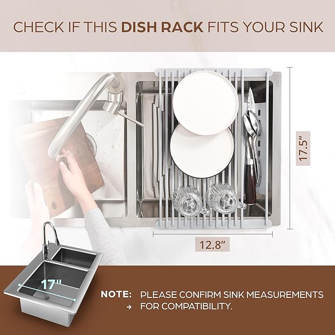 BELLE TERRE Multipurpose Roll-Up Dish Drying Rack - Silicone Wrapped, Heat-Resistant, Anti-Slip - Perfect for Small Kitchen Sink, 17" x 13"