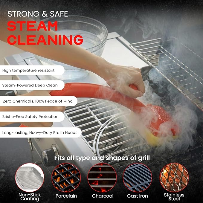Grill Brush Bristle Free for Outdoor Grill + 2 Replaceable Heads Safe Grill Cleaner – Ultimate BBQ Brush fit Dual Handle/Comfort/Heat Resistant, Grill Scraper for Cast Iron, Stainless-Steel Grates