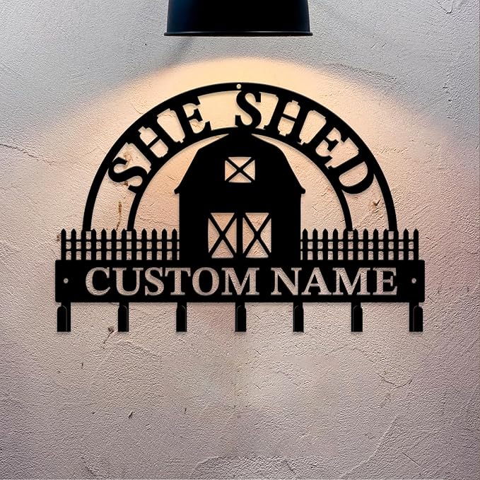 Personalized She Shed Metal Keys Hooks,Custom Name Keys Hooks,Black Wall Home Storage Decorative Hooks,Key Holder for Wall (Style C)