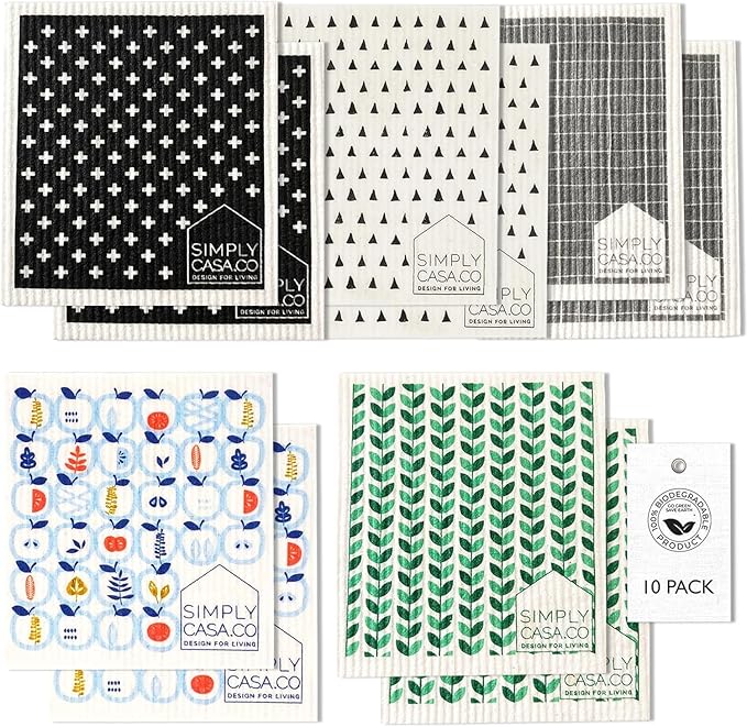 SIMPLYCASA 10-Pack Swedish Dishcloths – Reusable Dishcloth, for Kitchen and Household Use, Made in Sweden, Cellulose Sponge Dish Cloths, Paper Towel Replacement, Plastic-Free Packaging