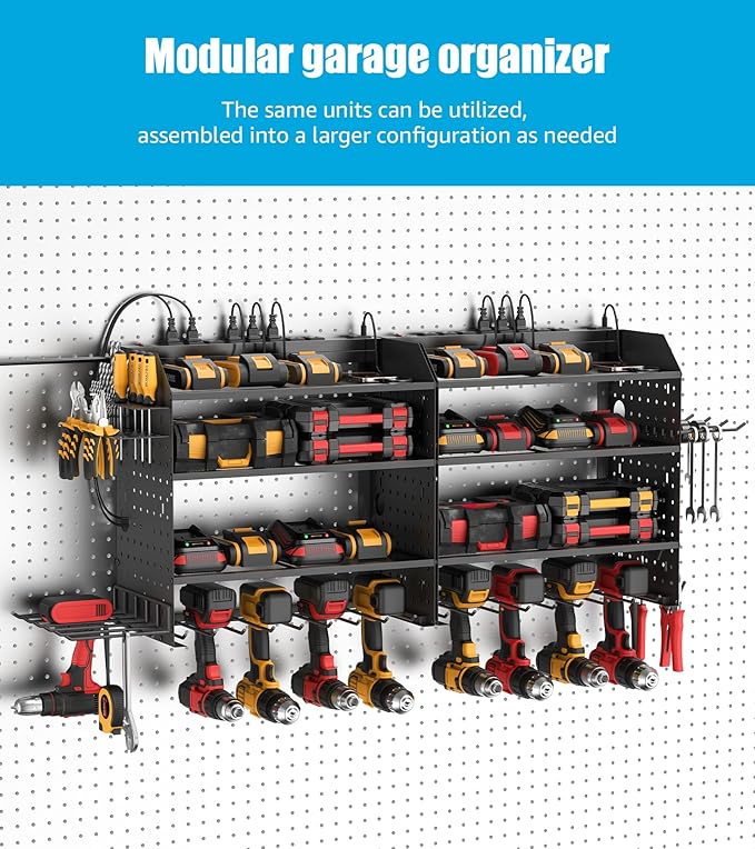 CCCEI Modular Power Tools Organizer with USB Charging Station, 4 Layer Drills and Battery Storage Wall Mount, Garage Shop Organization, Anniversary, Birthday, Gifts for Men, Father, 6FT Cord, Black.