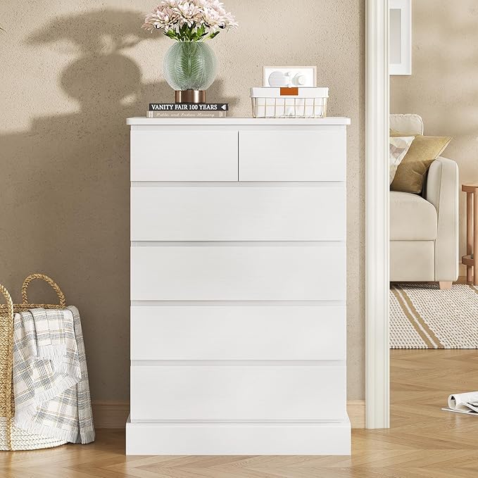 Hasuit 6 Drawer Dresser for Bedroom, Tall Chest of Drawers Storage Organizer for Closet, Modern Clothes Storage Tower with Ample Storage Space, White