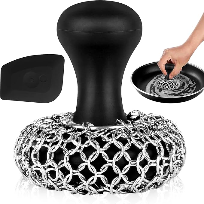 Zylark 316L Chainmail Scrubber Cleaner - Chain Mail Scrubber Cast Iron - Cast Iron Skillet Scrubber - Chain Scrubber with Long Handle