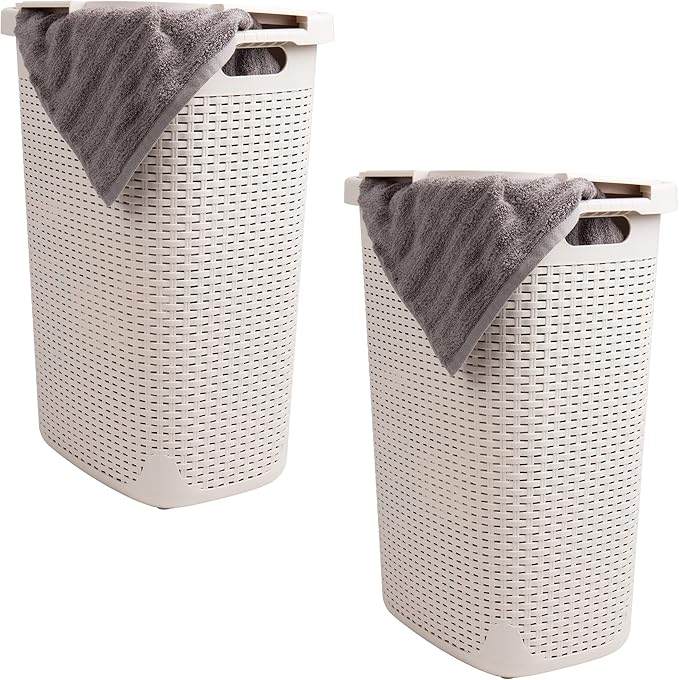 Mind Reader Slim Laundry Hamper with Lid, 60L Clothes Baskets, Premium Wicker Design, Plastic, 2-Pack, Ivory