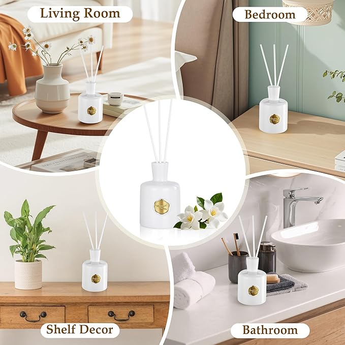 XEPTLE Reed Diffuser Set, 7.04 oz Creamy Gardenia Scent Diffuser with 5 Sticks, Long Lasting Air Freshener, Essential Oil Reed Diffuser, Home Fragrance for Office, Bathroom Shelf Decor, White