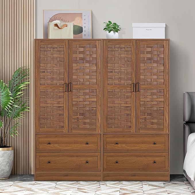 LEVNARY Armoire Wardrobe Closet with 2 Woven Doors, Wardrobe Cabinet with Storage Drawers and Hanging Rail, Freestanding Closets for Bedroom (Walnut)