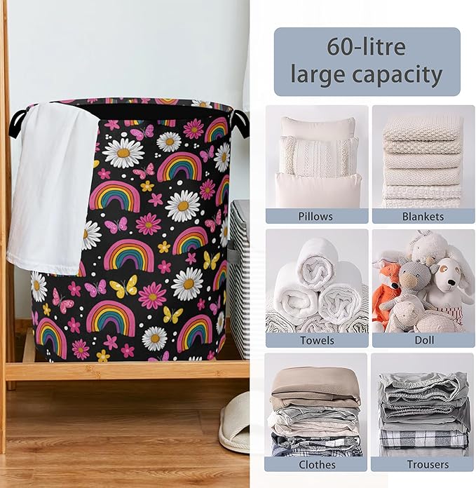 Rainbow Boho Butterfly Laundry Basket,Daisy Oxford Cloth Laundry Hamper with Handle Foldable Portable Clothes Storage Basket for Bathroom Bedroom Dorm Room 16" x 20.8"
