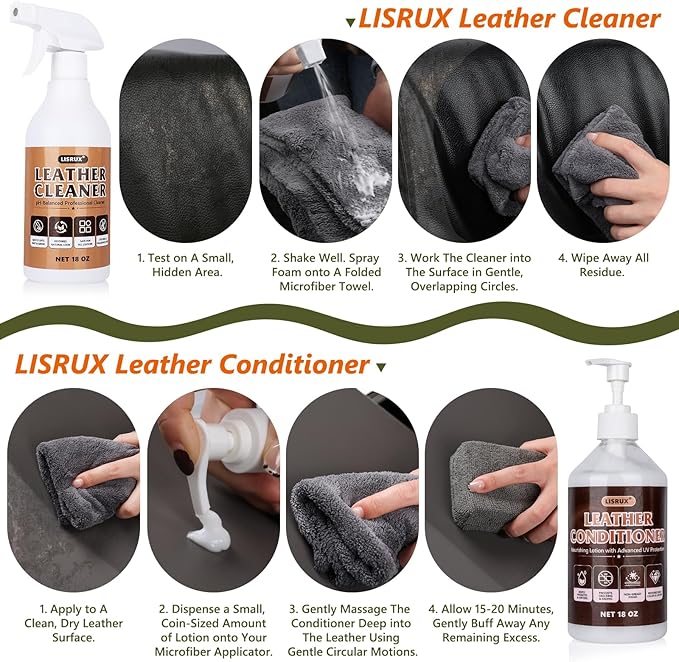 LISRUX Leather Cleaner and Conditioner Kit-2×18oz Leather Care For Car Seats, Furniture, Couches, Shoes & Boots, Restores & Protects All Leather For Natural, Synthetic, Faux, Pleather, pH-Balanced