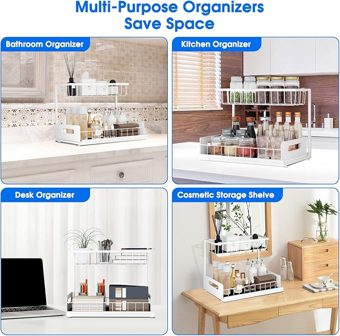 UINOFLE Under Sink Organizer, 2 Tier Pull-Out Cabinet Storage Shelf, Rust-Resistant Metal Organizer for Kitchen Bathroom Laundry Room, No Tools Installation, 1 Pack White