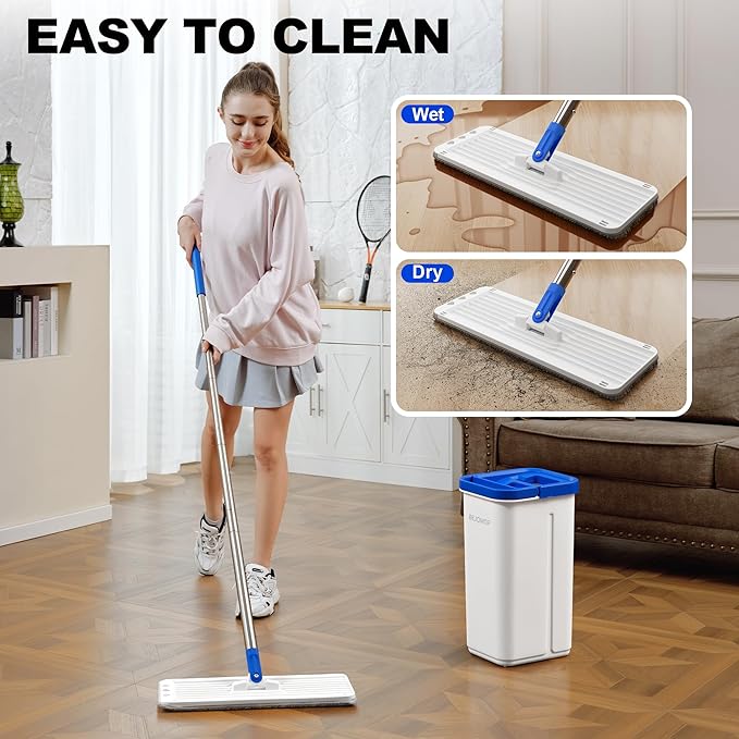 BEJOMOP Mop and Bucket Set with Wringer, Dry & Wet Dust Mop for Household Floor Cleaning with 5 Microfiber Mops, Flat Squeeze Spin Wall Mop Cleaner with Long Handle, Slate Blue