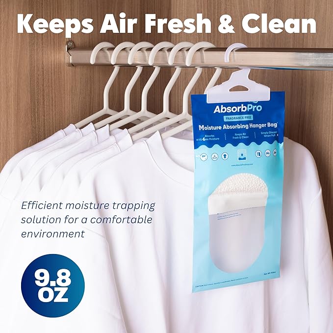 Absorb Pro - Moisture Absorbing Hanger Bag Fragrance Free - 10-Pack - 9.8 oz Hanging Dehumidifying Packs for Home, Kitchen, Bedroom, Bathroom, Closet, Rooms, Cars