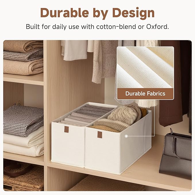 StorageWorks Small Storage Bins, Fabric Storage Bins, Narrow Baskets for Shelves with PU Handle, Perfect for Clothes, Towels, and Light Blankets, Beige, 4-Pack