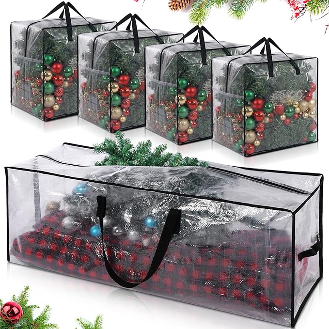 5 Pack Christmas Storage Bags, 7.5 Ft Christmas Tree Large Bag and 4 Garland Wreath Containers Packing Tote Moving Bags with Handle Zipper Heavy Duty for Artificial Xmas Tree Wreath Garland