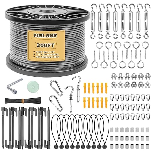 MSLANE 1/8" Black Wire Rope Kit 300FT 304 Stainless Steel Vinyl Coated with M5 Turnbuckles, 7x7 Strand Core Aircraft Cable for String Light, Picture Hanging, Clothesline, Curtain, and Plant Trellis