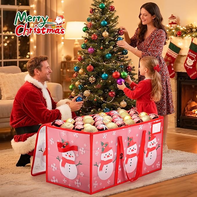 Plastic Christmas Ornament Storage Box with Adjustable Dividers, Waterproof Christmas Storage Containers Keep 128 Capacity, Dual Zippers, Ornament Organizer to Store Holiday Decor-Snowman