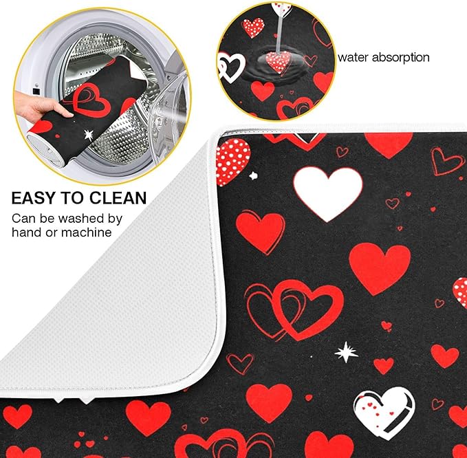 Black Love Heart Dish Drying Mat for Kitchen Countertop 18x24 Happy Valentine's Day Large Drying Mat Reusable Quick Dry Dish Sink Mats Easy Clean Decorative Essentials