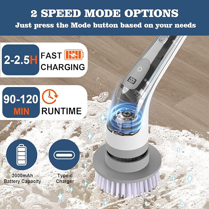 LENDAWAY 9-in-1 Multi-Purpose Electric Spin Scrubber for Cleaning, 2 Speed Long Handle Shower Scrubber, Replaceable Cleaner Brush Heads for Floors, Windows, Bathtub, Grout, Tiles, Sink, Car, Bathroom